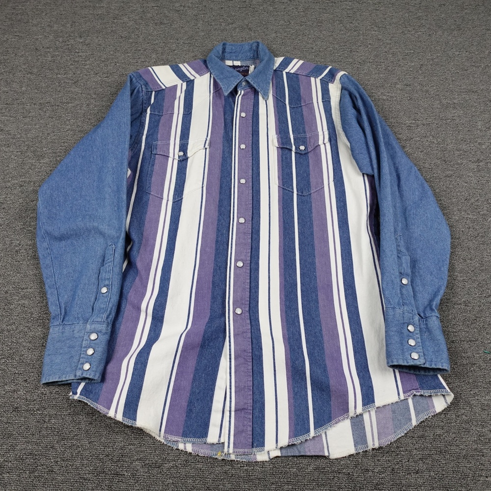 Vintage Wrangler Shirt Mens Medium Blue Stripe Long Sleeve Western Snap USA